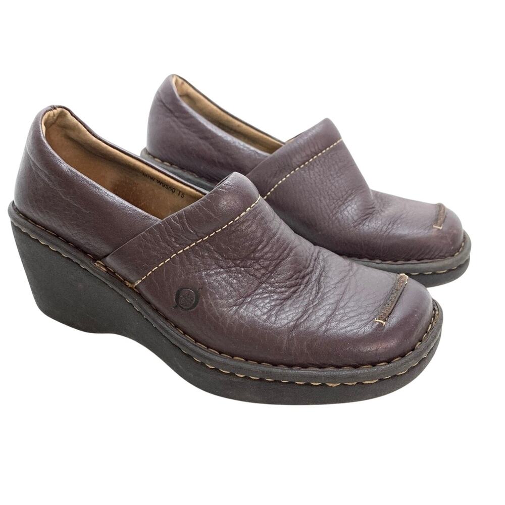 Born Womens Comfort Slip On Clogs Leather Wedge Square Toe Loafers Shoes sz 6
